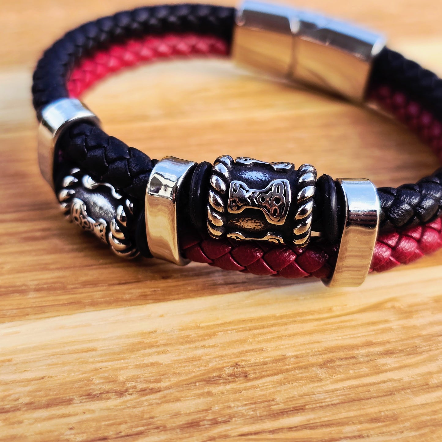 Bracelett "Mjölner Twin Leather" (Black / Red)