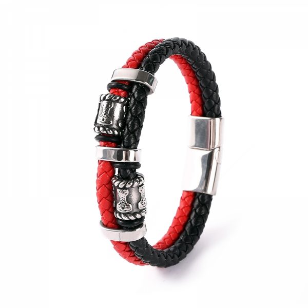 Bracelett "Mjölner Twin Leather" (Black / Red)