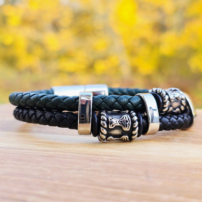 Bracelett "Mjölner Twin Leather" (Black / Green)